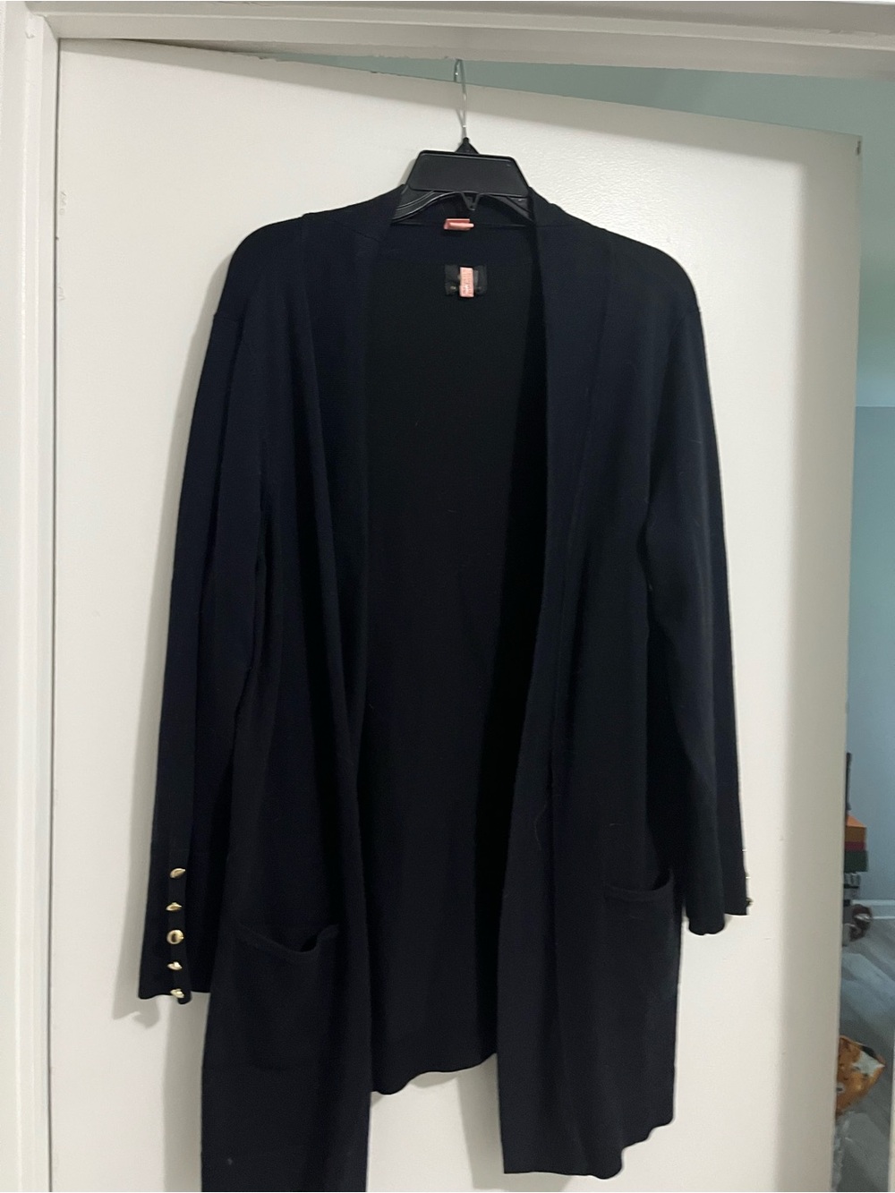 JM Collection Black Open-Front Cardigan with Gold-Tone Cuff Buttons